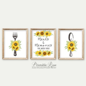 Sunflower Decor, set of 3, farmhouse kitchen wall decor, printables, sunflower kitchen decor, meals and memories are made here, wall art