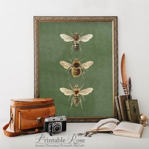 Art mural abeille, art vert olive et or, abeille imprimable, abeilles d'art mural, art mural abeille vintage, décoration nature, abeilles vintage, impression décoration abeille