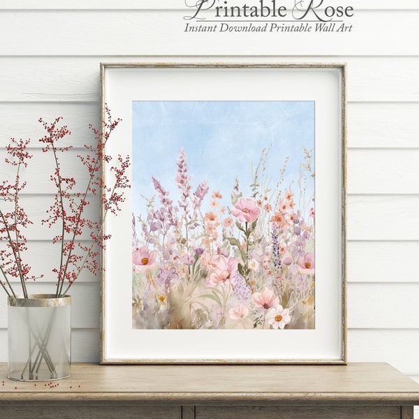 Wildflower Field Print, cottage garden art print, botanical wall decor, gallery wall printable, english country, flower painting