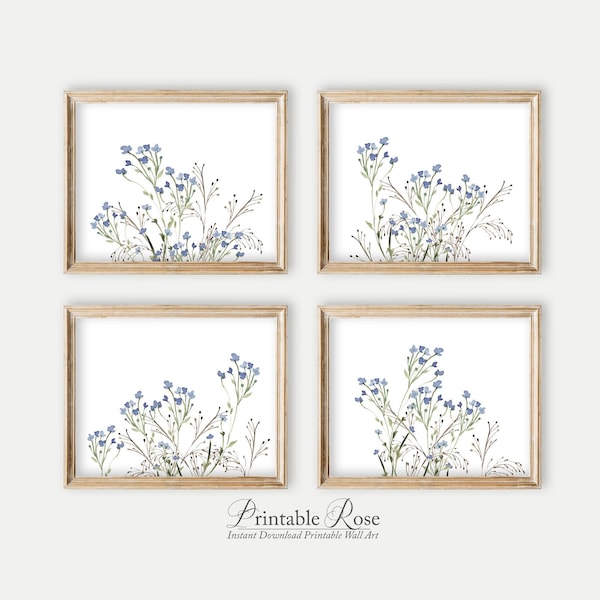 Set of 4 Wildflower Art Prints, blue flower printable, bathroom wall art, home decor flowers, wall decor for living room, flower artwork