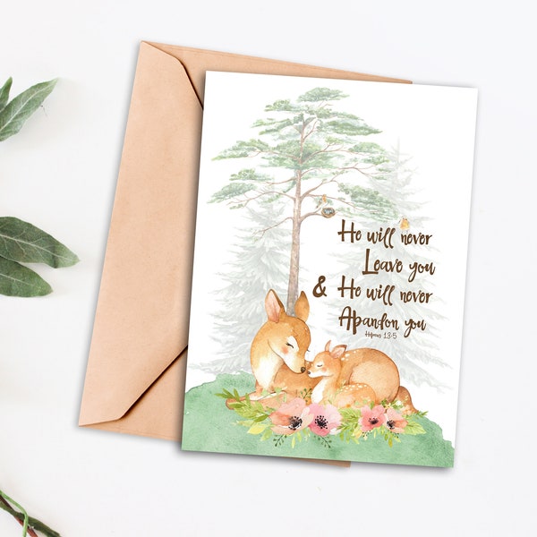 Printable Encouragement Card bible verse scripture Hebrews 13:5 get well sympathy card Handmade deer woodland gift card Instant Download