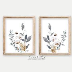 Set of 2 Botanical Prints, gray and gold wall decor, set of 2 bathroom wall art, printable wall art, watercolor botanical, wildflowers