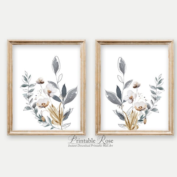 Set of 2 Botanical Prints, gray and gold wall decor, set of 2 bathroom wall art, printable wall art, watercolor botanical, wildflowers