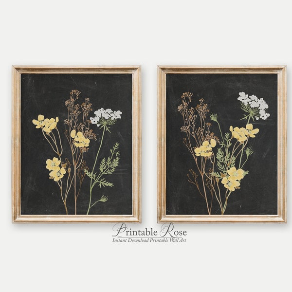 Set of 2 Yellow Botanical Prints, yellow wall decor, fall decor print, set of 2 wall art, set of 2 botanical prints, wildflower art prints