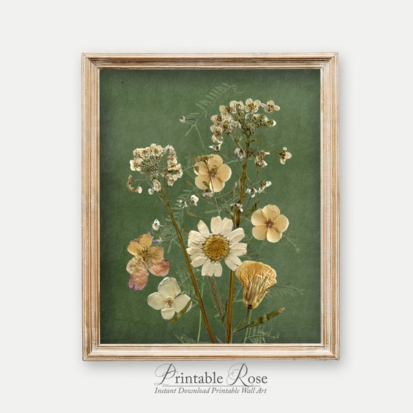 Pressed Flower Art, printable pressed flower, olive green and gold art, academia decor, victorian prints, cottagecore wall art, flowers