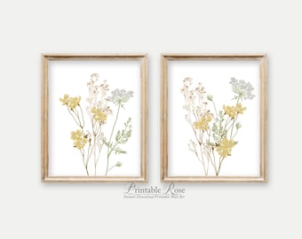 Set of 2 Yellow Botanical Prints, yellow wall decor, fall decor print, set of 2 wall art, set of 2 botanical prints, wildflower art prints