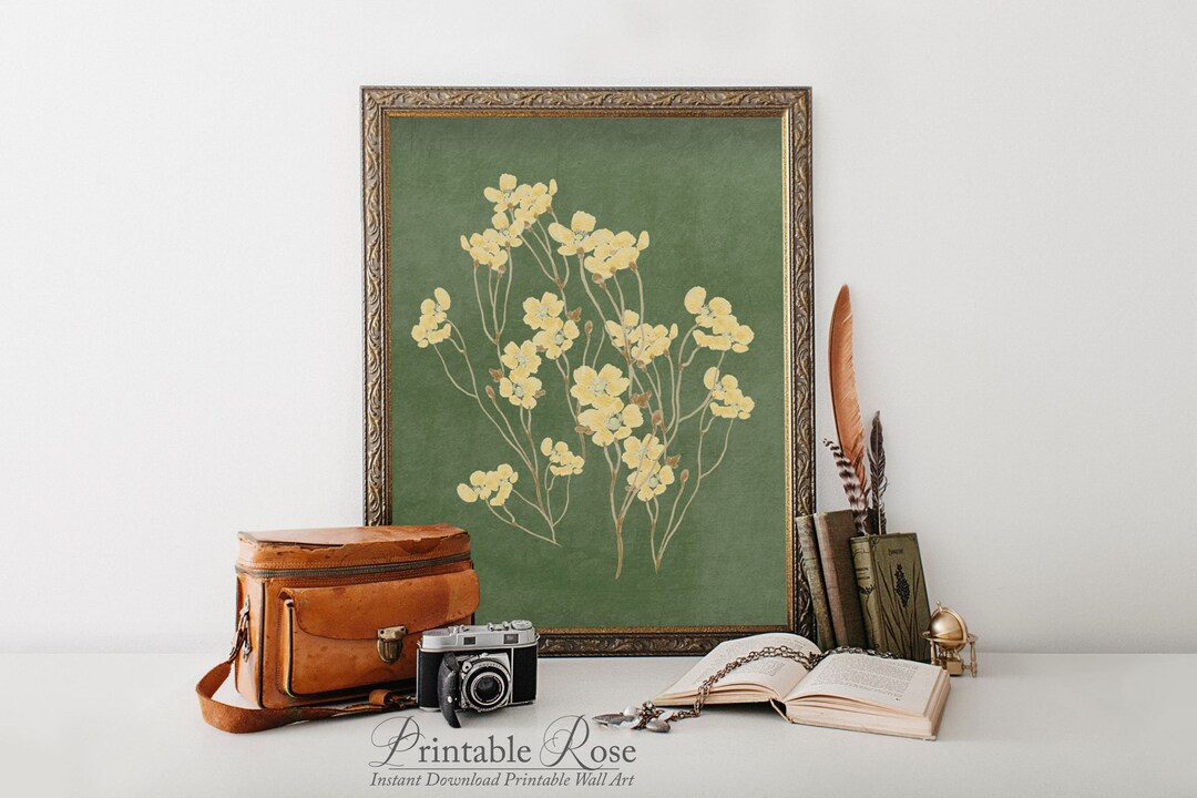 Green Wall Decor, Yellow Botanical Printable, Wildflower Printable