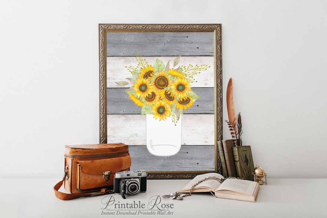 Gray and Yellow, Wall Art, Printatable Art, Printable, Sunflowers, Wood ...