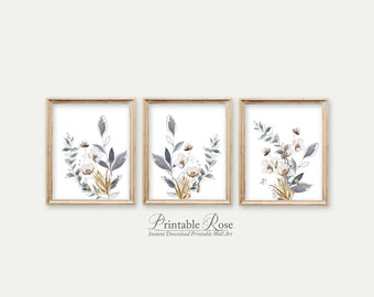 Set of 3 Botanical Prints, wildflower wall art, bathroom home decor, decorative wall art, gray wall decor, modern farmhouse wall decor print