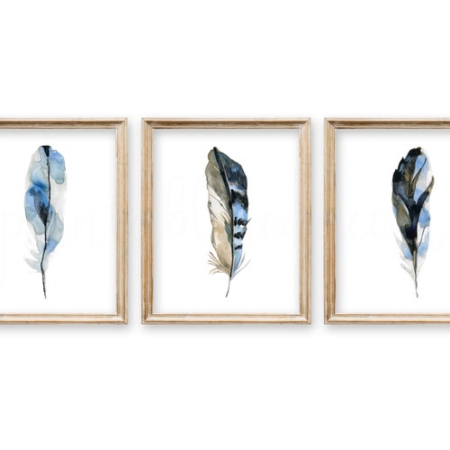 Set of 3 Indigo Feather Prints / Navy Feather Print / Feather Etsy