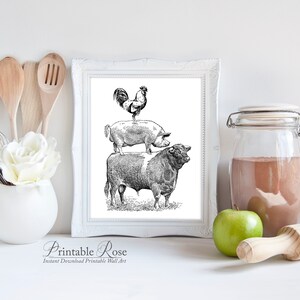 Cow Pig Chicken, Wall Art Printable, Cow Pig Rooster, French Country ...