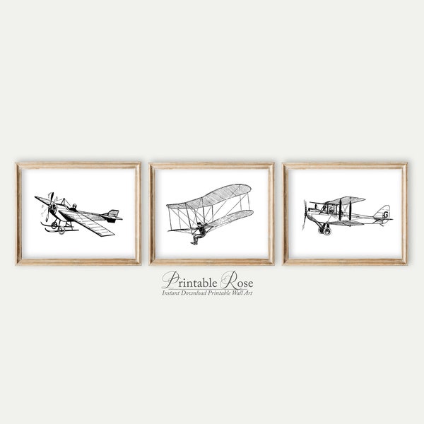 Airplane Print Nursery, Set of 3 printables, boys room wall art, digital download, mens office decor, gallery wall art, masculine home decor