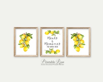 Lemon Decor, set of 3, farmhouse kitchen wall decor, printables, lemon kitchen decor, meals and memories are made here, printable wall art