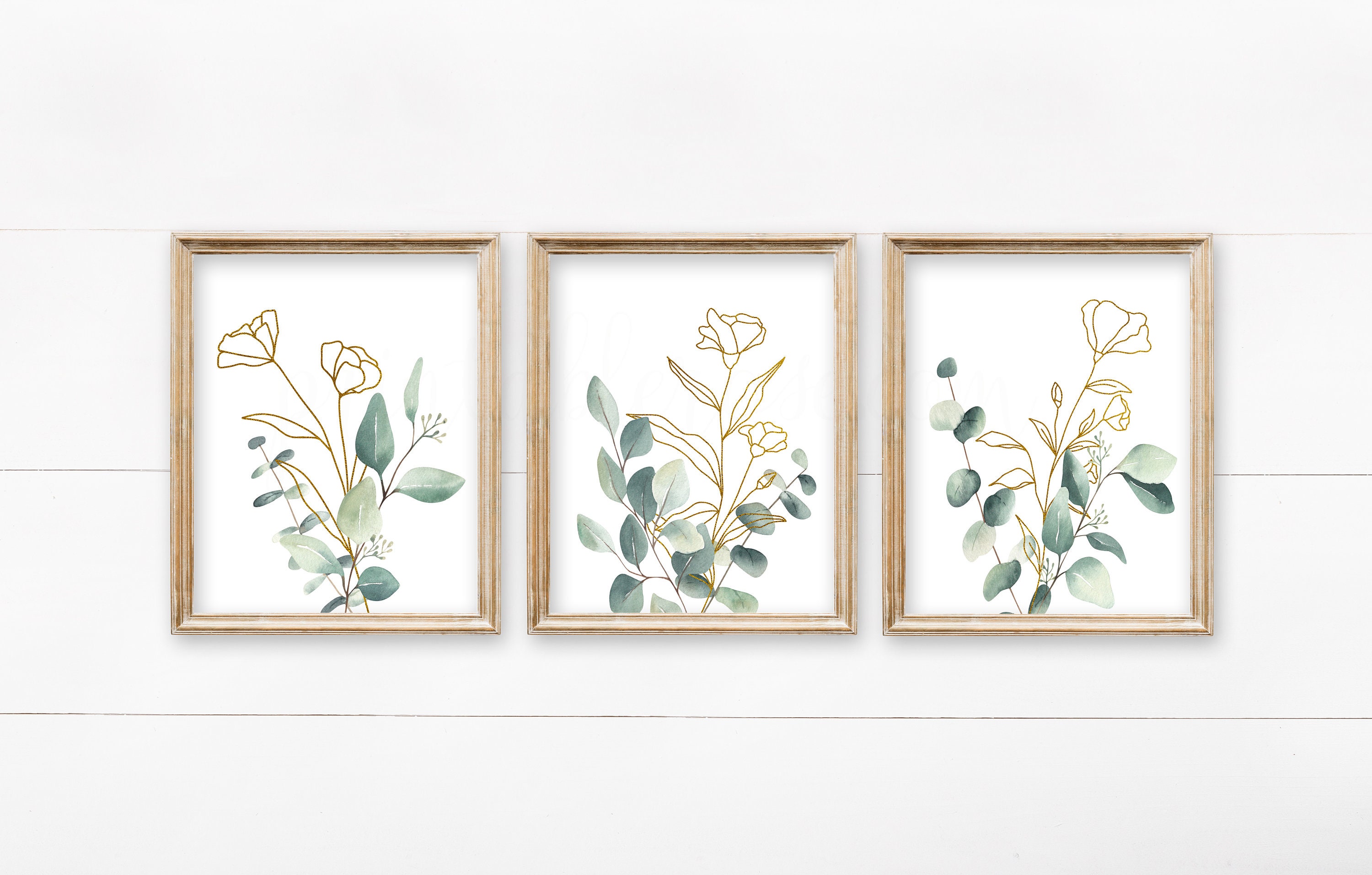Eucalyptus Botanical Prints Set of 3 Green Gold Wall Art Home Decor Watercolour 