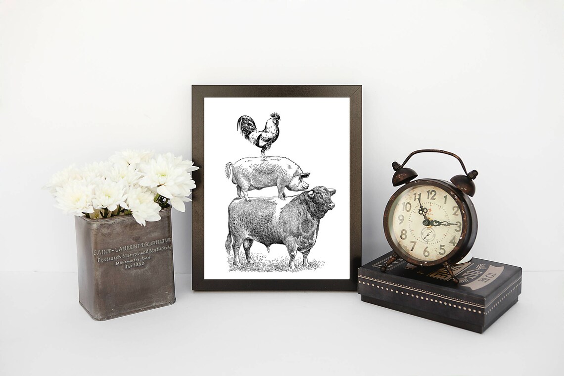 Cow Pig Chicken wall art printable cow pig rooster french | Etsy