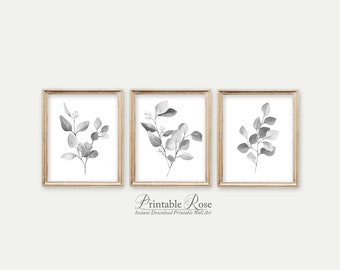 Set of 3 Botanical Prints, gray wall art, gray decor print, gray wall decor, bedroom wall decor, decorative printables, home decor art