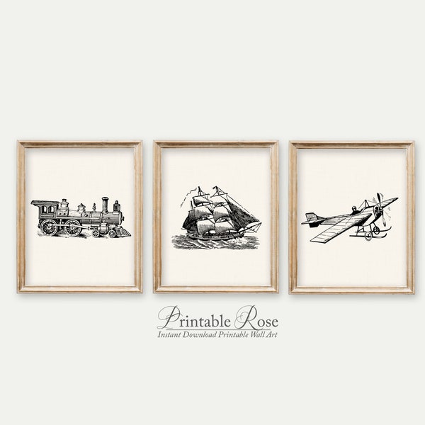 Train Plane Ship Wall Art, boys vintage nursery decor, boys room wall art, mens office decor, masculine farmhouse wall art, set of 3 prints