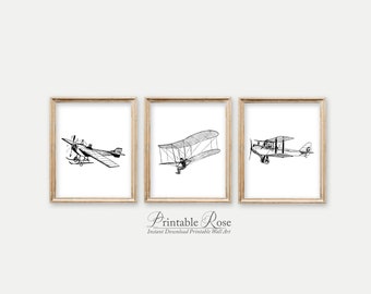 Flugzeug-Dekor, Flugzeug-Ausdrucke, Flugzeug, Flugzeug-Kinderzimmer, Flugzeug-Drucke, Jungen-Kinderzimmer, Wandkunstdrucke, 3er-Set, Vintage-Wandkunst