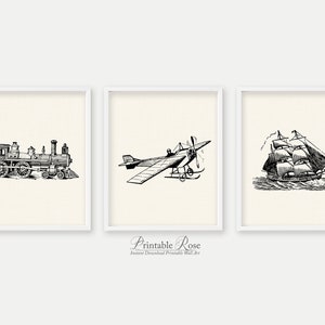 Train Plane Ship Wall Art, Boys Vintage Nursery Decor, Boys Room Wall ...