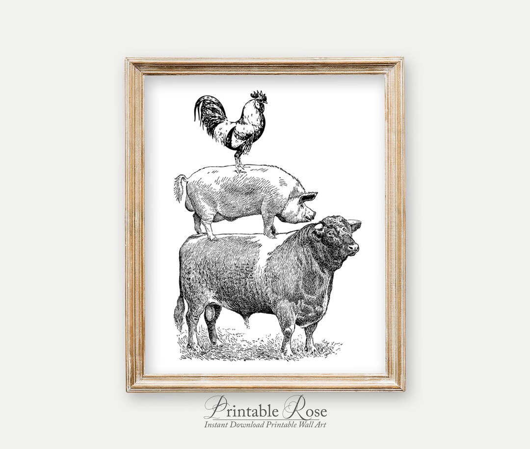 Cow Pig Chicken, Wall Art Printable, Cow Pig Rooster, French Country ...