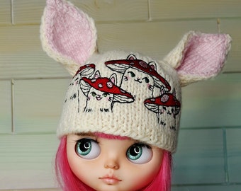 Blythe hand knitted hat with embroidered Little cats with mushroom hats Blythe woodland beanie