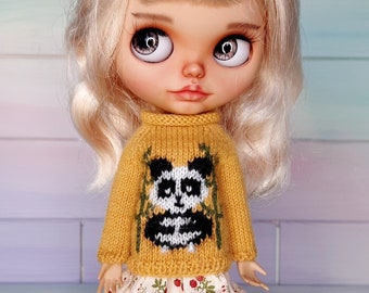 Blythe sweater with panda Blythe knitted jacquard pullover mustard color with panda