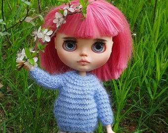 Blythe light blue mohair sweater Knitted doll clothes