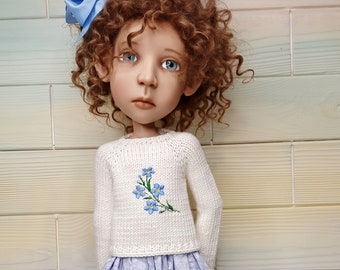 Big Stella doll set Handknit forget-me-nots sweater, cotton skirt, hair bow and stockings for BJD 19” Stella  doll by Connie Lowe