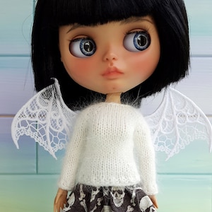 Blythe Halloween Angora Sweater: White Bat Wings, Embroidered Lace