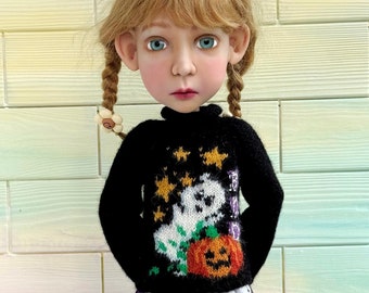 Big Stella doll set Handknit Halloween sweater with ghost and pumpkin, skirt and stockings for BJD 19” Stella  doll by Connie Lowe