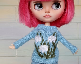 Blythe snowdrops sweater  Hand knitted jumper blue color 1/6 bjd dolls clothes