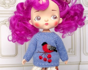 Holala doll sweater with bird bullfinch blue color