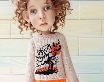 Big Stella doll set Handknit Halloween sweater with embroidery, orange skirt and stockings for BJD 19” Stella  doll by Connie Lowe