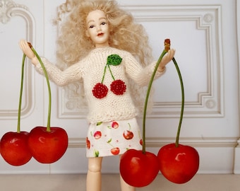 Heidi Ott doll clothes 1:12 scale Hand knitted cream sweater with beaded cherry  for Heidi Ott doll Dollhouse Miniature