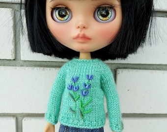 Blythe sweater with embroidered lavender Blythe doll clothes Pullip jumper