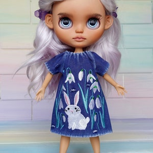 Blythe Easter dress with bunny Denim dress with embroidered snowdrops flowers and bunny