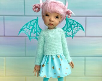 Little Stella / Meili  doll set Handknit Halloween sweater with  bat wings, skirt and stockings for Small doll by Connie Lowe