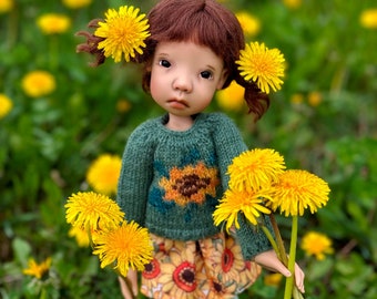 Little Stella / Meili doll set Handknit sweater with sunflower, skirt and stockings for Small doll by Connie Lowe
