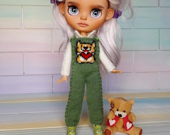 Blythe clothes Hand knitted set sweater and pants with corgi dog 1/6 bjd dolls clothes