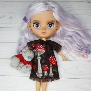 Blythe dress Brown dress with embroidered red with white polka dots mushrooms for Blythe and Pullip dolls