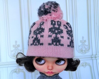 Blythe hat with bunnies and pompom