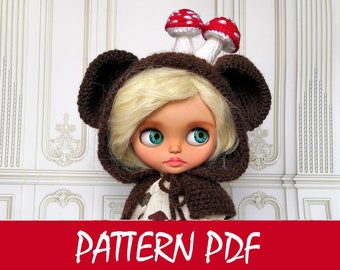 Blythe PATTERN PDF Knitted Hood with crocheted mushrooms Knit hat pattern Clothes for doll  Instant download Hat PDF