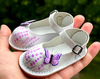 Big Stella leather shoes with hand-painted lavender flowers and leather butterfly for big Stella doll by Connie Lowe