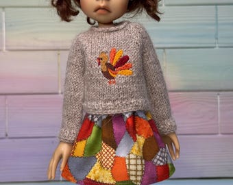 Little Stella 12 &quot; / Meili doll  Thanksgiving Outfit Turkey sweater, skirt and socks for Small doll by Connie Lowe
