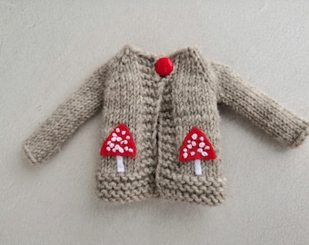 Wool Blythe Cardigan: Gray Doll Sweater with Mushroom Appliqués