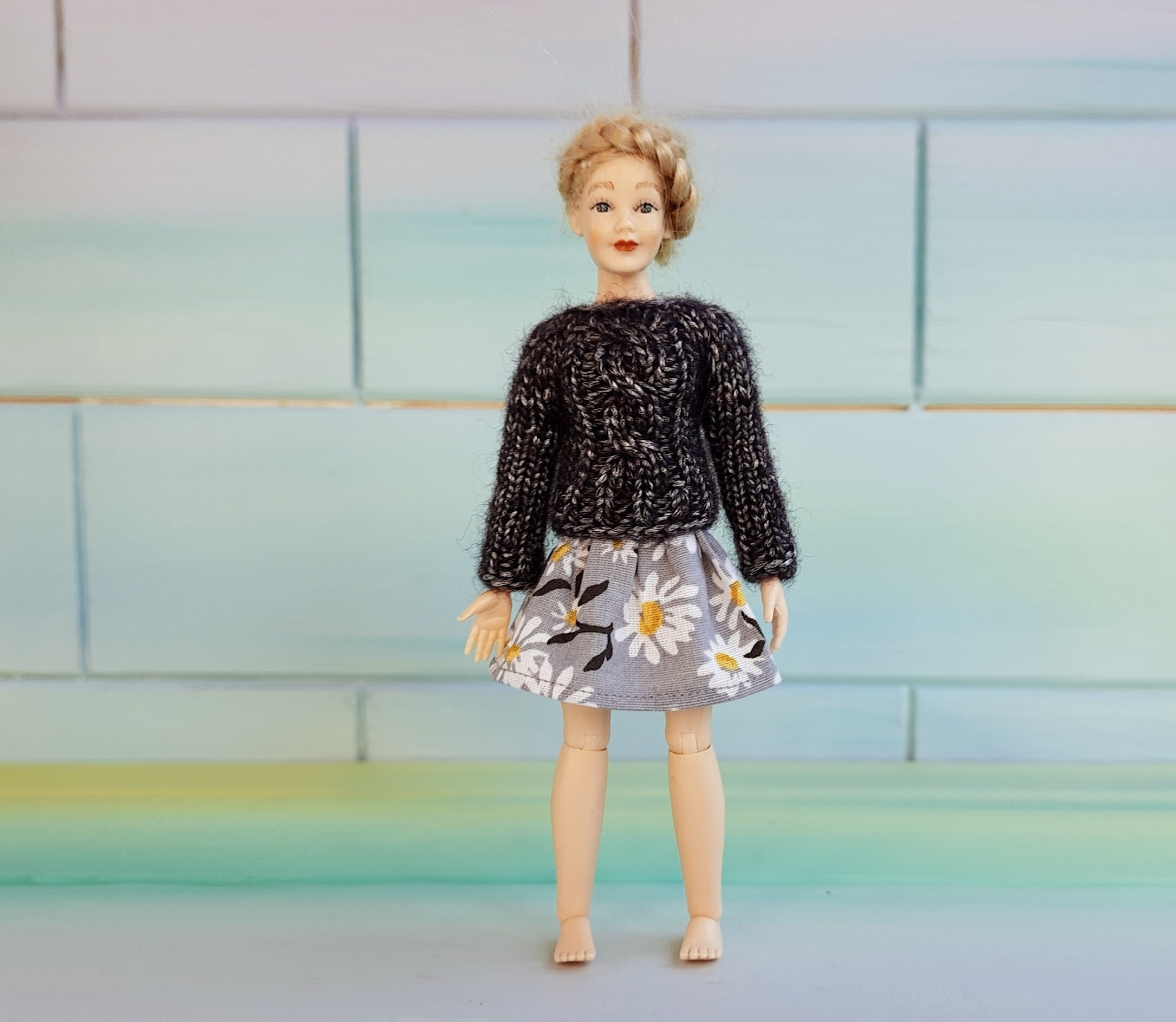Heidi Ott Doll Clothes 1:12 Scale Hand Knitted Gray Sweater and 