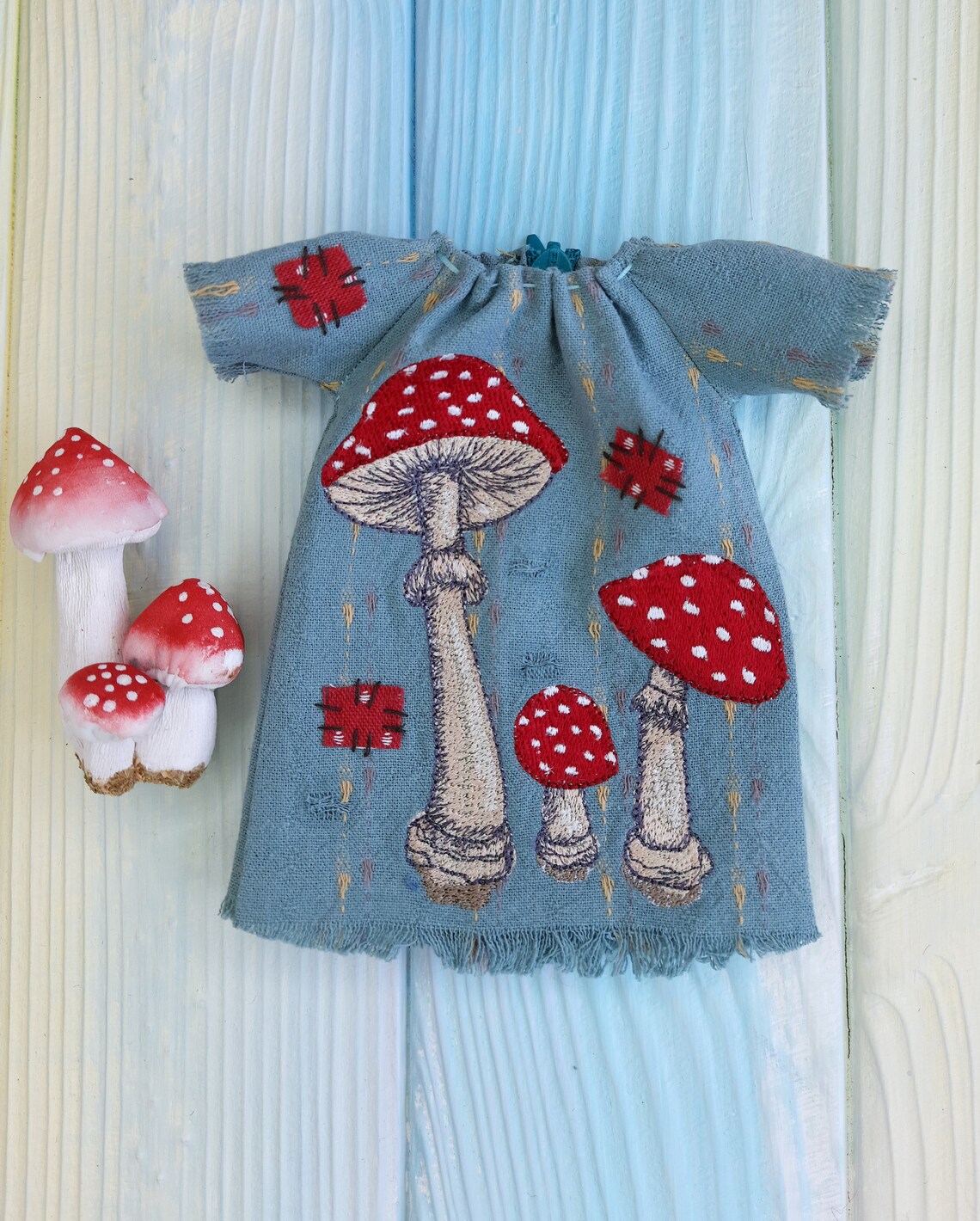 Blythe Mushroom Dress Handmade Dress With Embroidered Red Etsy