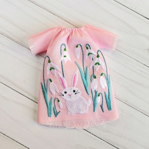 Blythe Easter dress with embroidered snowdrops flowers and bunny