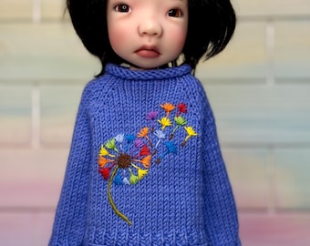 16 &quot; Middle Stella / Meili doll set Handknit sweater with hand embroidered rainbow  dandelion, skirt and socks for 16 &quot; doll by Connie Lowe