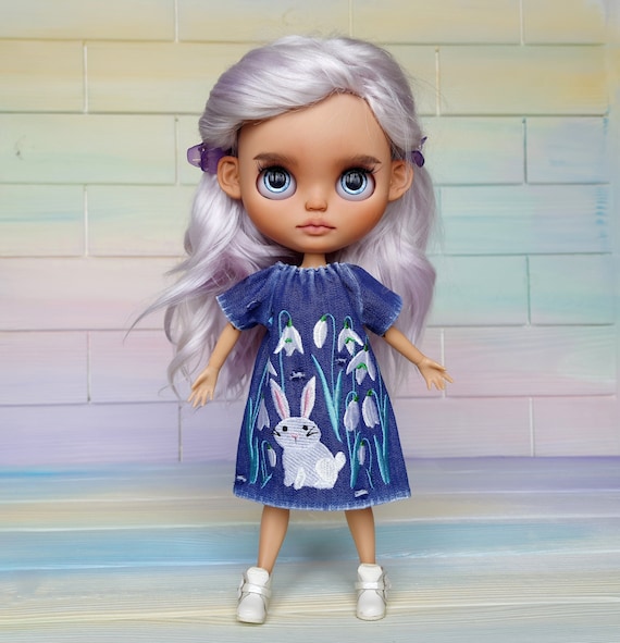 Blythe Doll Denim Dress: Embroidered Bunny & Snowdrops